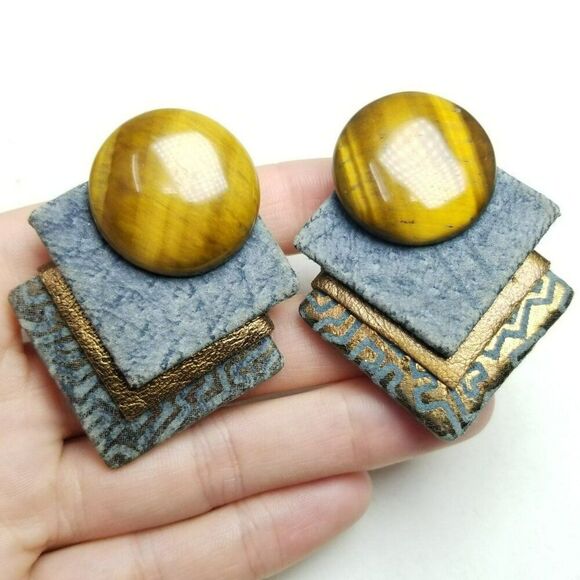 Vintage 80s Retro Layered Mixed Material Clip On Earrings, Square, Cabochon - Picture 1 of 6